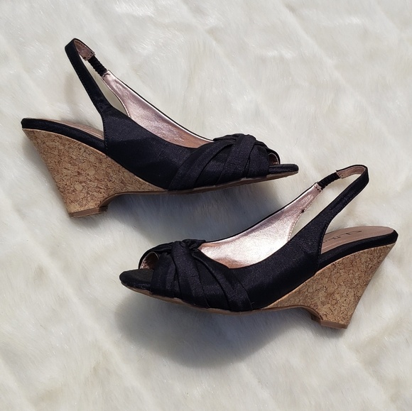 Black Twist Cork Bottom Wedge Heels - Picture 2 of 8